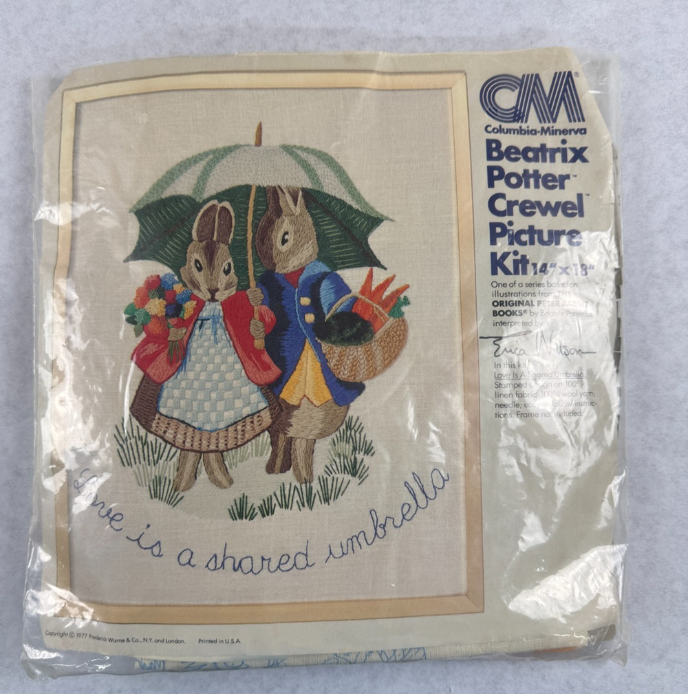1977 Vintage Beatrix Potter Peter Rabbit Love is Shared Umbrella Crewel Kit New